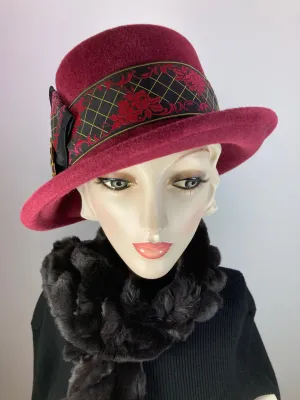 Women's Menswear Warm Wool Felt Pork Pie Fedora Hat in Burgundy Wine for Winter, Ladies Winter Fedora Hat