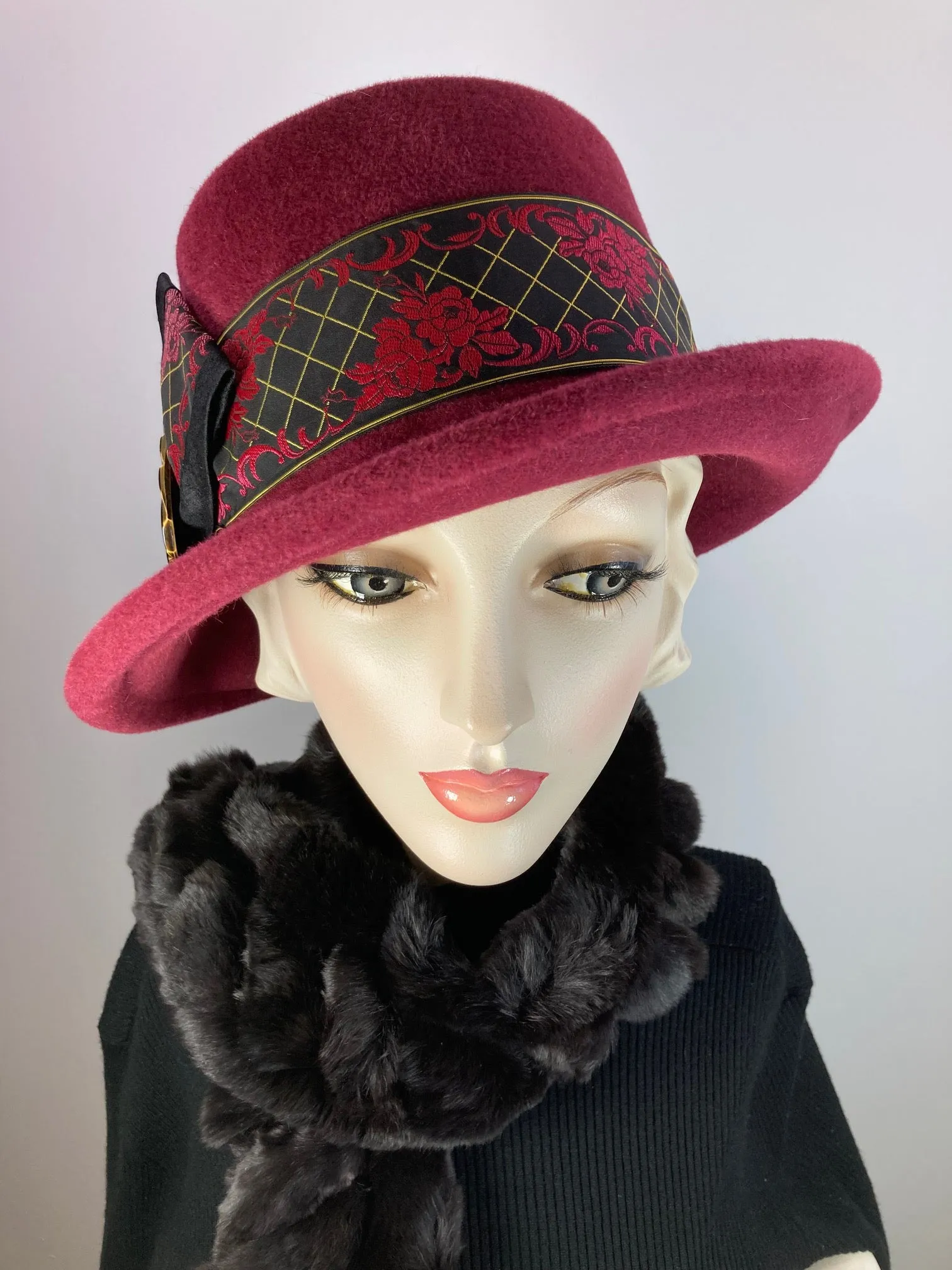 Women's Menswear Warm Wool Felt Pork Pie Fedora Hat in Burgundy Wine for Winter, Ladies Winter Fedora Hat