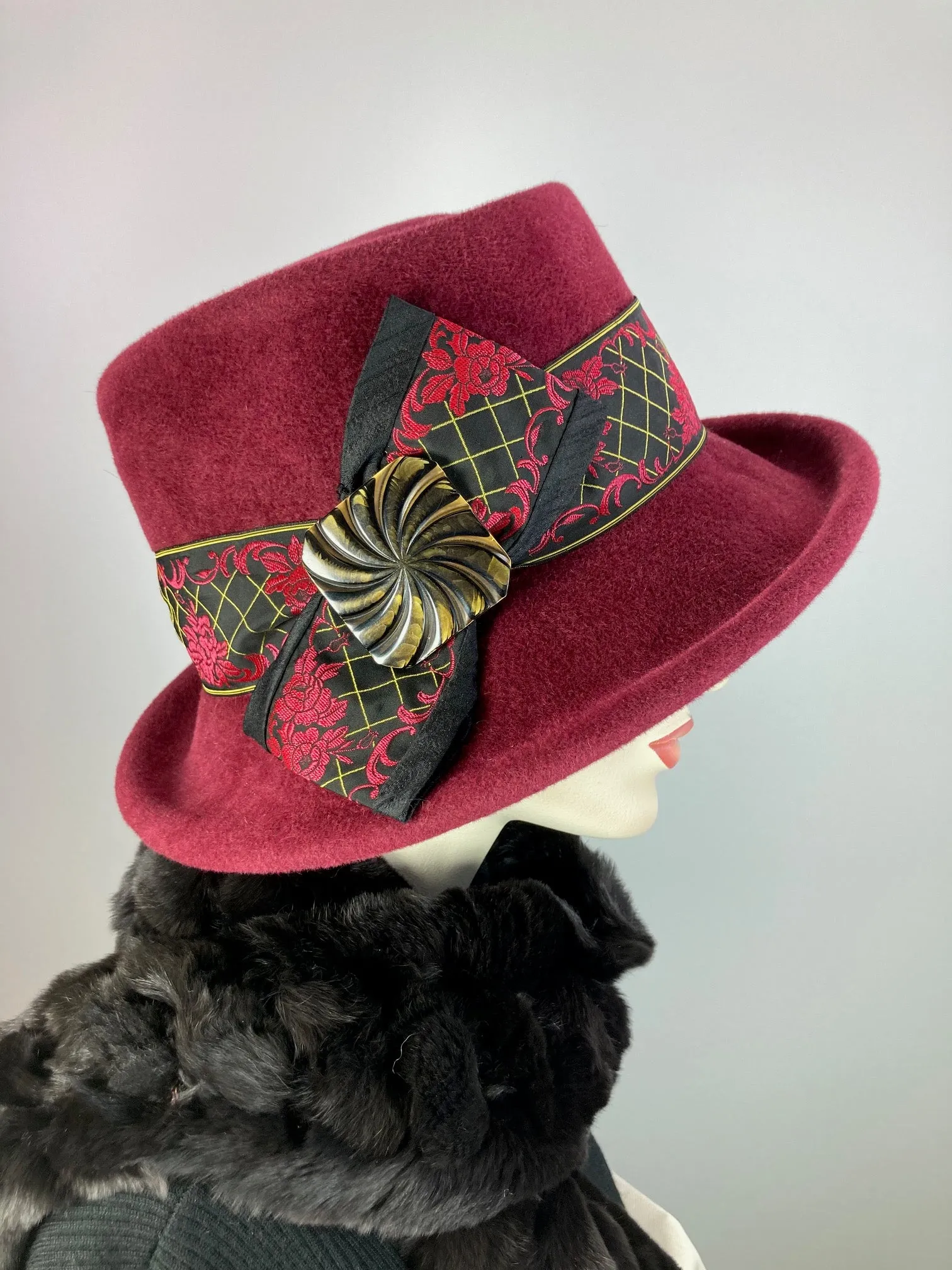 Women's Menswear Warm Wool Felt Pork Pie Fedora Hat in Burgundy Wine for Winter, Ladies Winter Fedora Hat