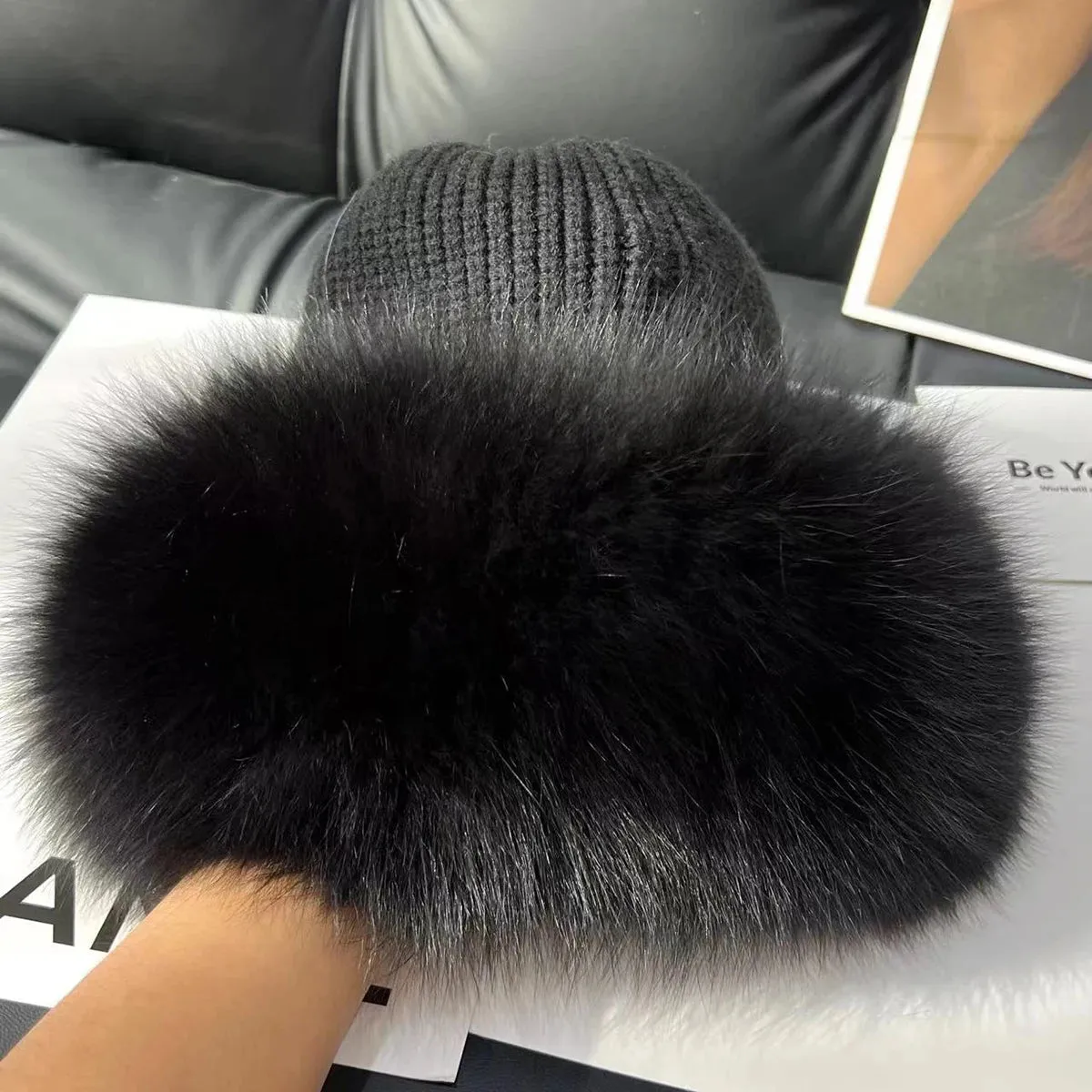 Women’s Natural Fox Fur Fedora Fluffy Warm Winter Knitted Fur Hat