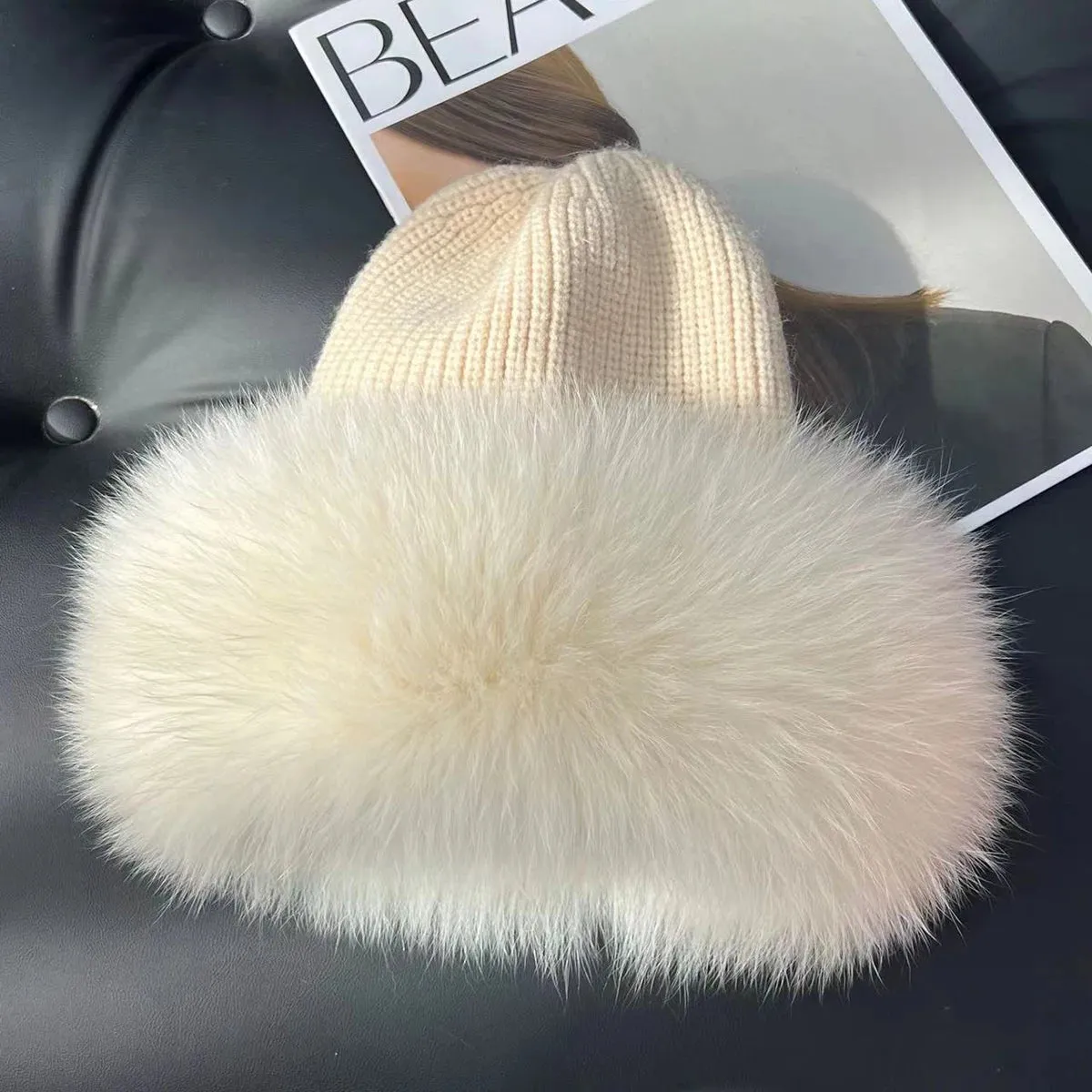 Women’s Natural Fox Fur Fedora Fluffy Warm Winter Knitted Fur Hat