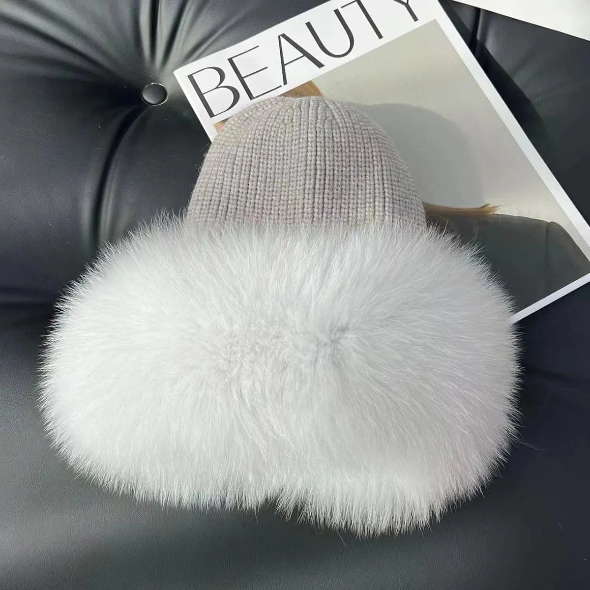 Women’s Natural Fox Fur Fedora Fluffy Warm Winter Knitted Fur Hat
