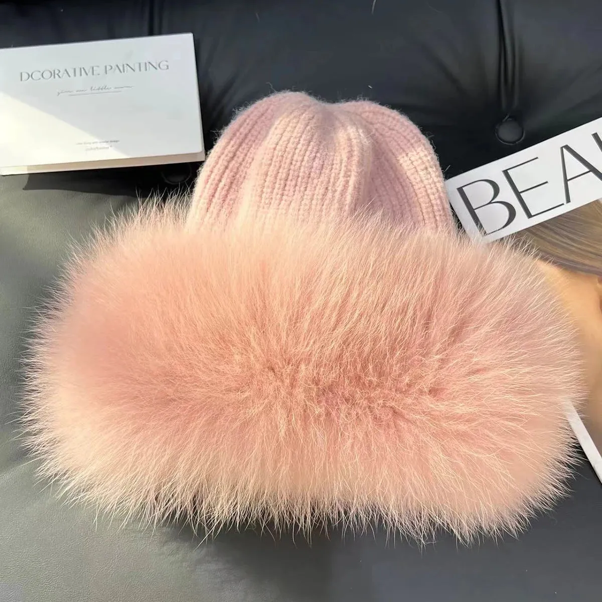 Women’s Natural Fox Fur Fedora Fluffy Warm Winter Knitted Fur Hat