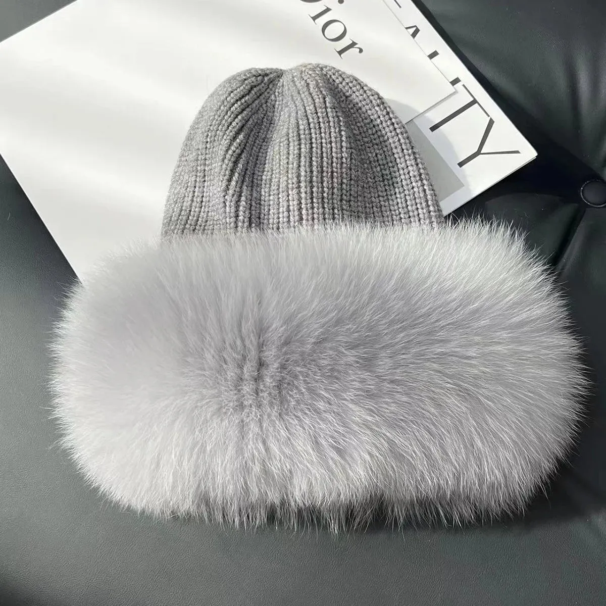 Women’s Natural Fox Fur Fedora Fluffy Warm Winter Knitted Fur Hat