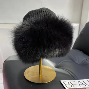 Women’s Natural Fox Fur Fedora Fluffy Warm Winter Knitted Fur Hat