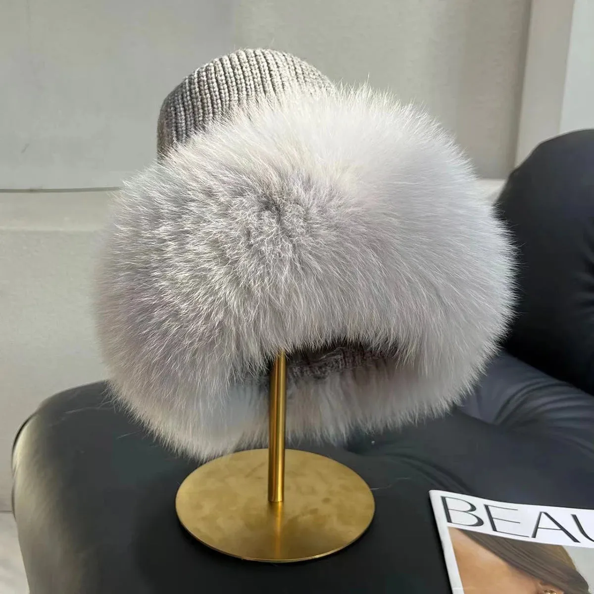 Women’s Natural Fox Fur Fedora Fluffy Warm Winter Knitted Fur Hat