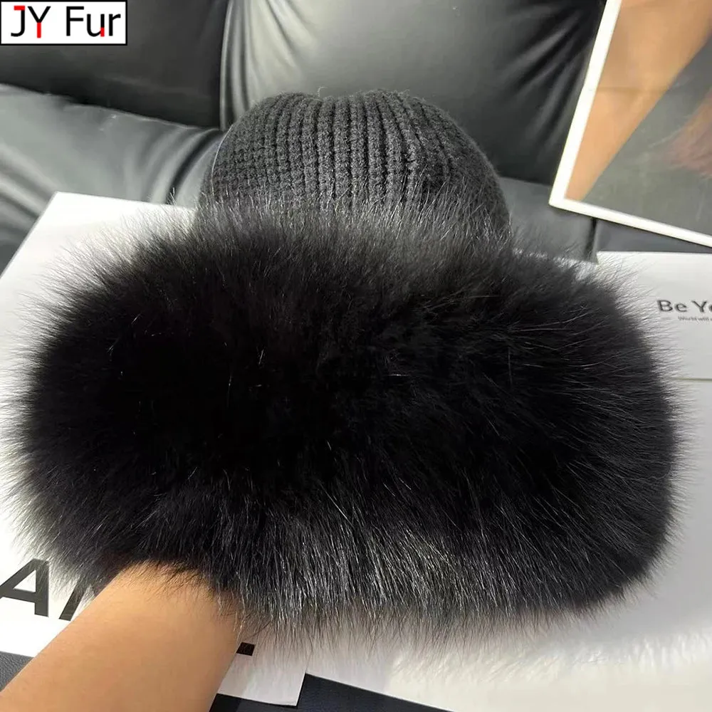 Women’s Natural Fox Fur Fedora Fluffy Warm Winter Knitted Fur Hat