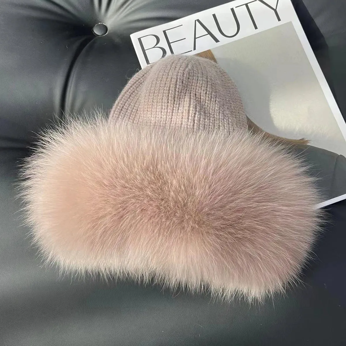 Women’s Natural Fox Fur Fedora Fluffy Warm Winter Knitted Fur Hat