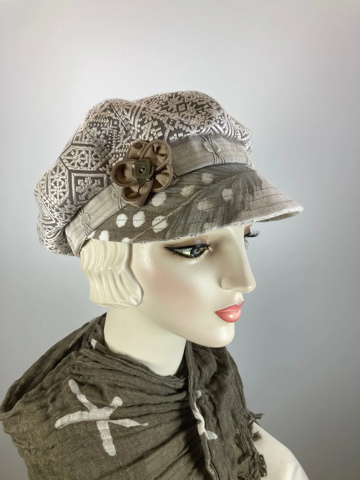 Womens neutral sustainable fabric Newsboy hat. Ladies Summer Newsboy Visor Cap. Soft Travel Fabric Sustainable fashion apple paperboy hat.