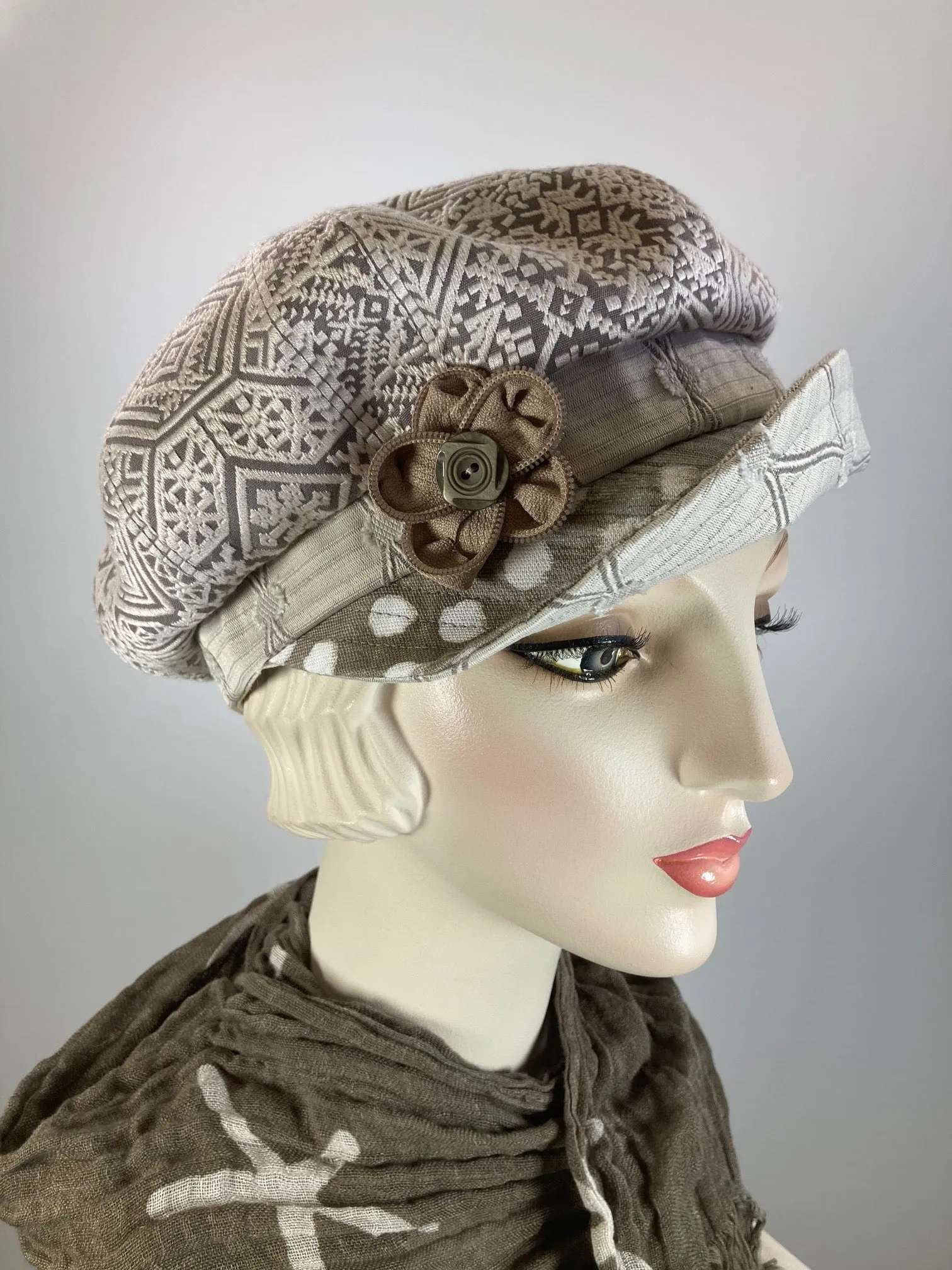 Womens neutral sustainable fabric Newsboy hat. Ladies Summer Newsboy Visor Cap. Soft Travel Fabric Sustainable fashion apple paperboy hat.