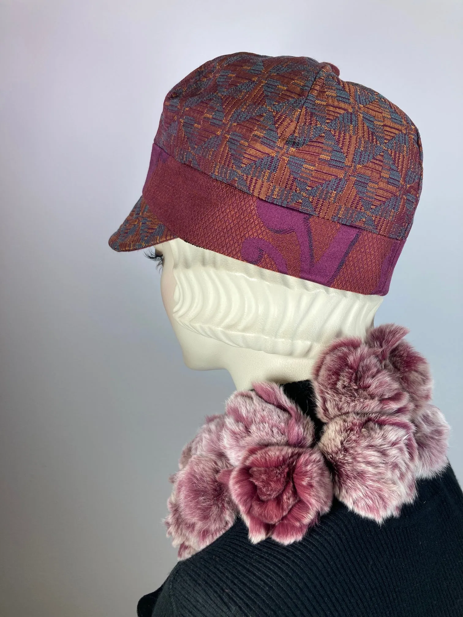 Women's Newsboy hat. Ladies baseball cap. Burgundy and teal fabric hat. Ladies unique newsboy baseball visor hat for winter.