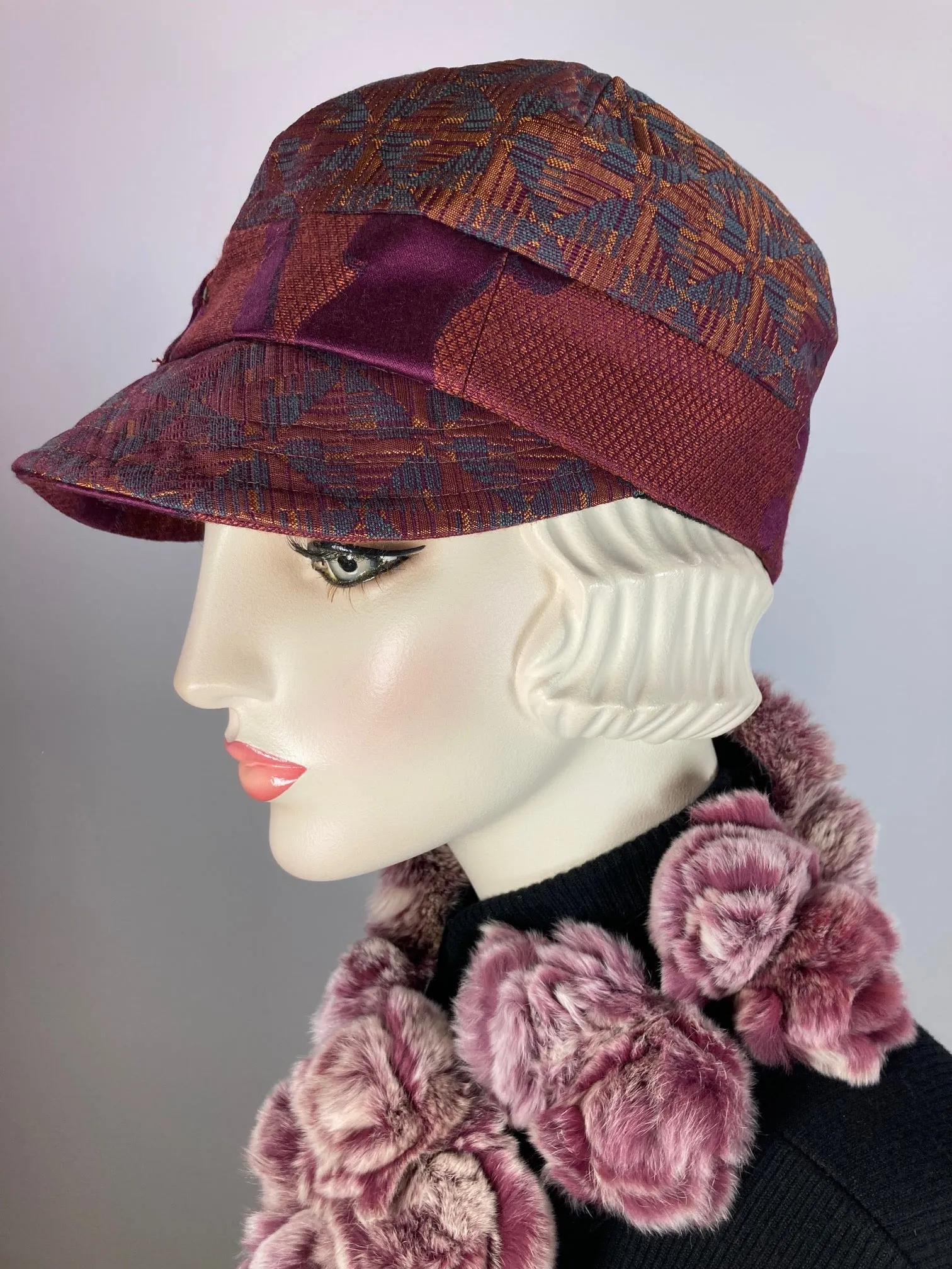 Women's Newsboy hat. Ladies baseball cap. Burgundy and teal fabric hat. Ladies unique newsboy baseball visor hat for winter.