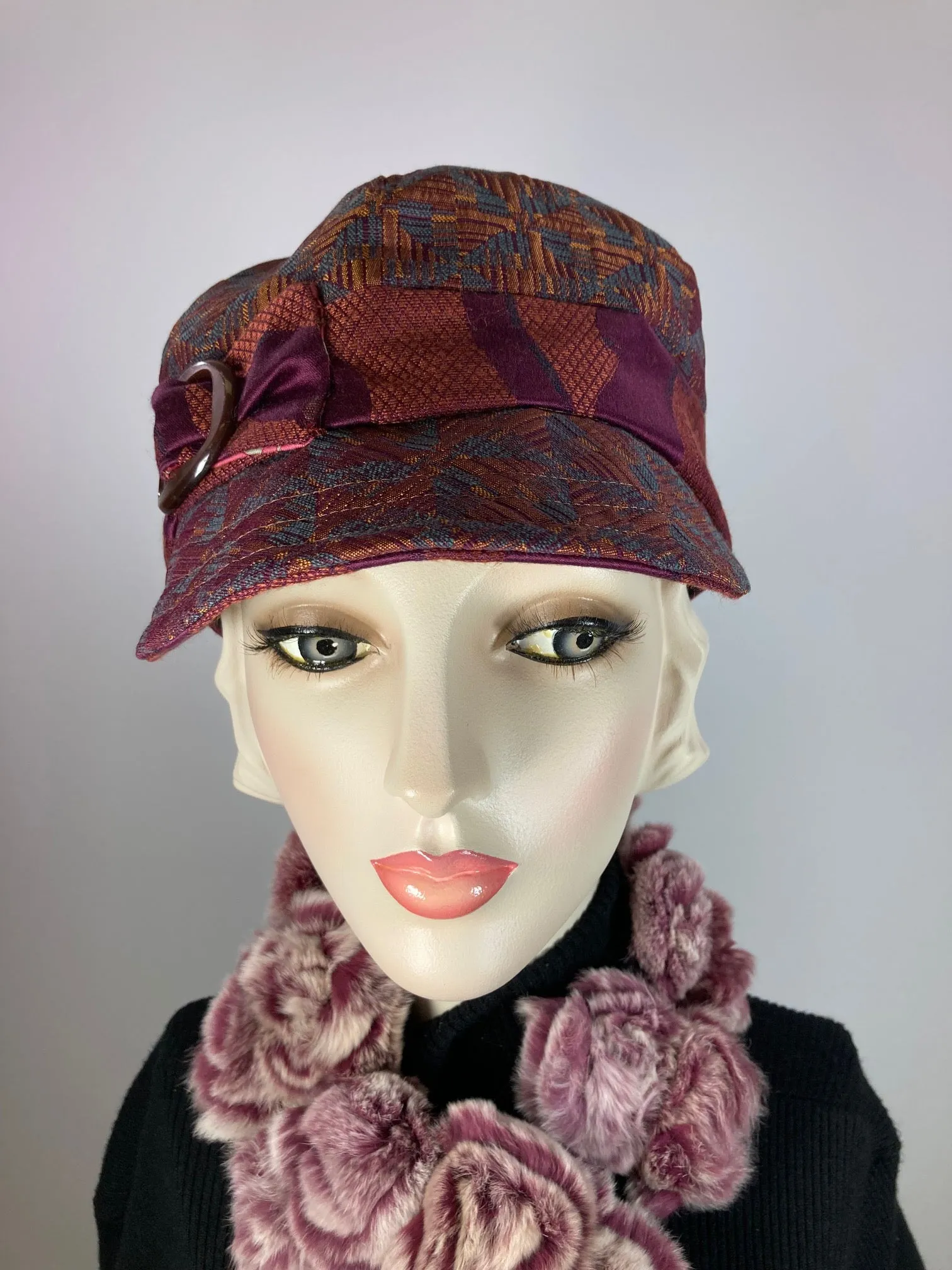 Women's Newsboy hat. Ladies baseball cap. Burgundy and teal fabric hat. Ladies unique newsboy baseball visor hat for winter.