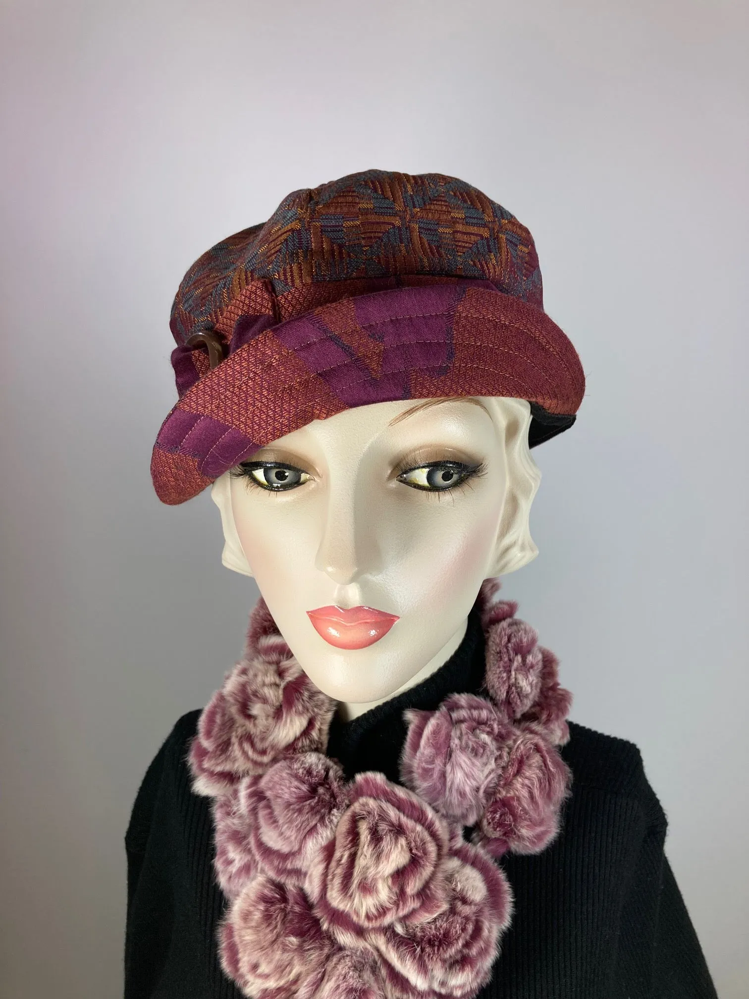 Women's Newsboy hat. Ladies baseball cap. Burgundy and teal fabric hat. Ladies unique newsboy baseball visor hat for winter.