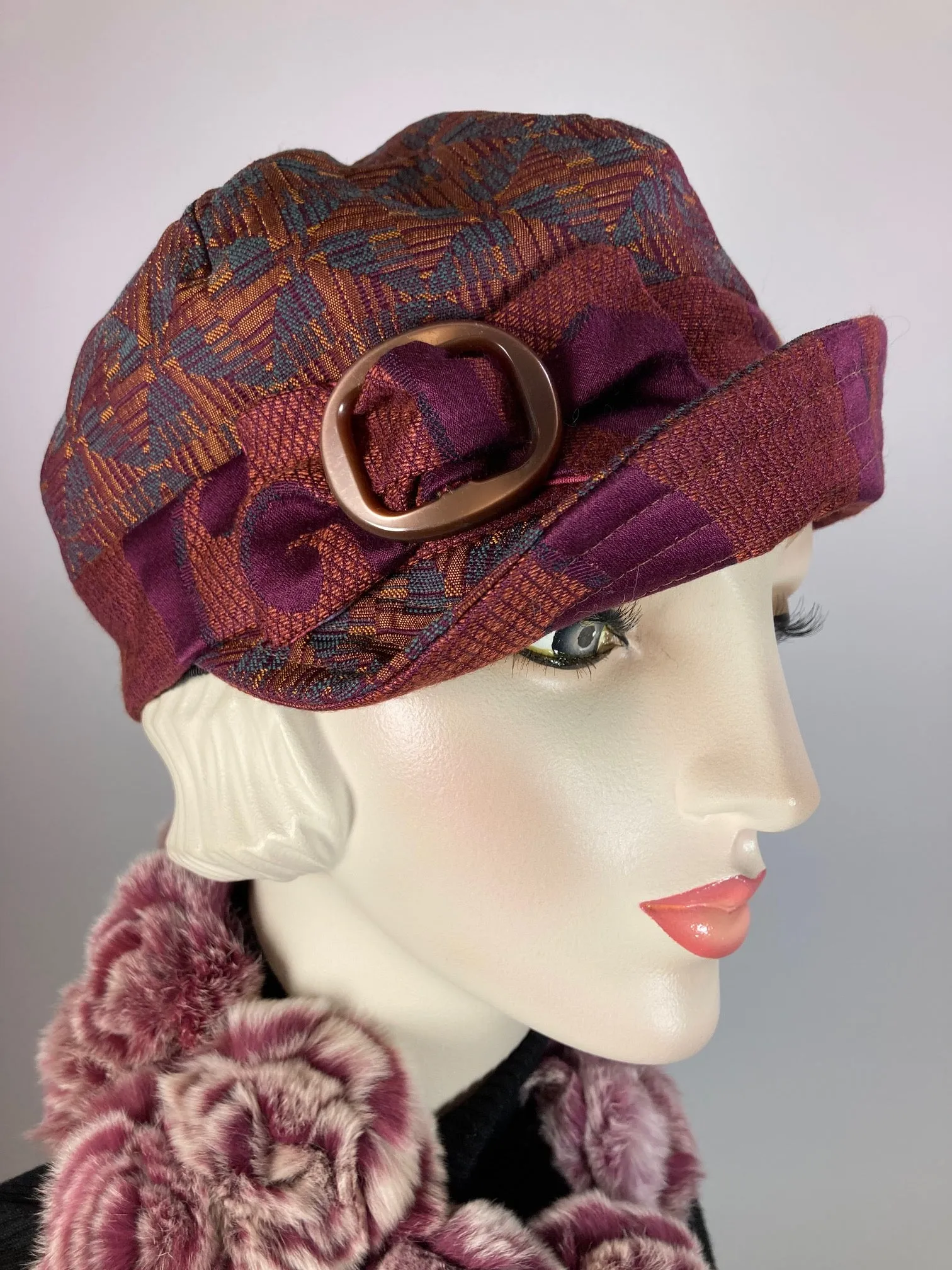 Women's Newsboy hat. Ladies baseball cap. Burgundy and teal fabric hat. Ladies unique newsboy baseball visor hat for winter.