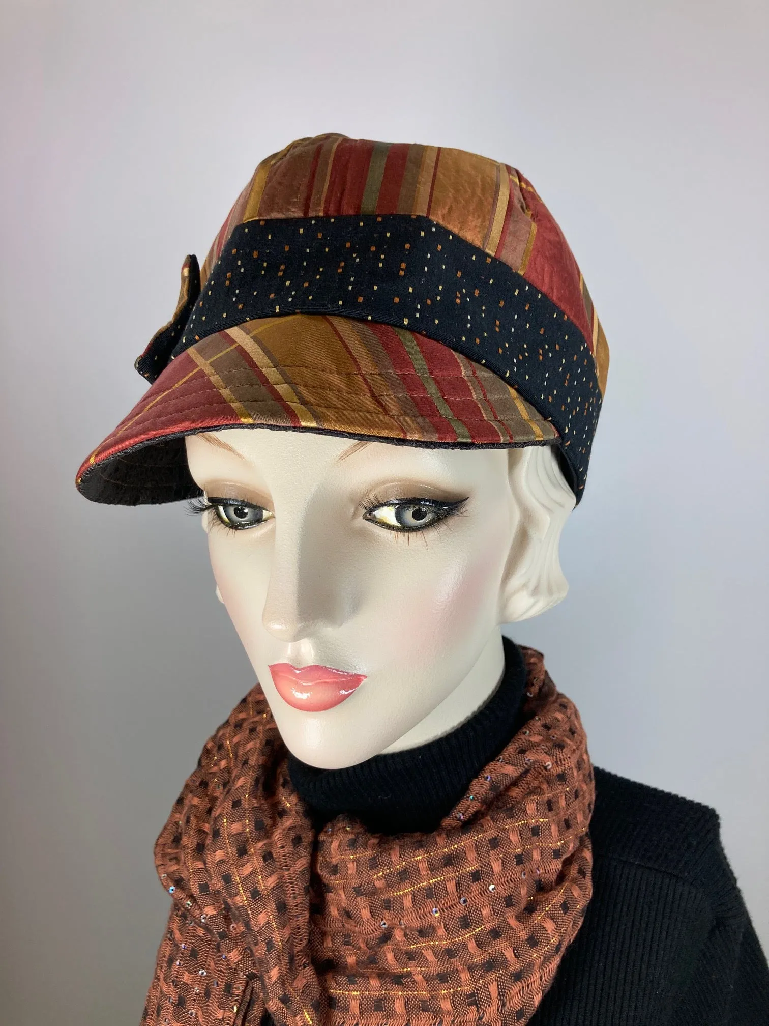 Women's Newsboy hat. Ladies baseball cap. Rust, gold and black recycled fabric hat. Ladies unique vislor newsboy baseball hat.