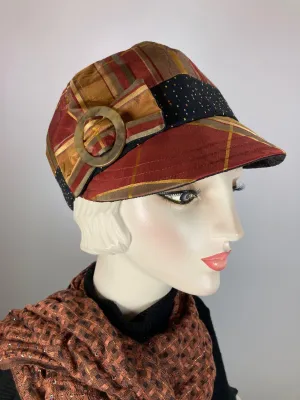 Women's Newsboy hat. Ladies baseball cap. Rust, gold and black recycled fabric hat. Ladies unique vislor newsboy baseball hat.