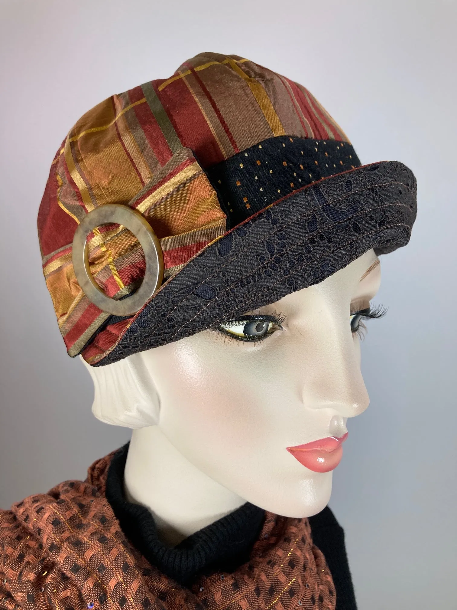 Women's Newsboy hat. Ladies baseball cap. Rust, gold and black recycled fabric hat. Ladies unique vislor newsboy baseball hat.