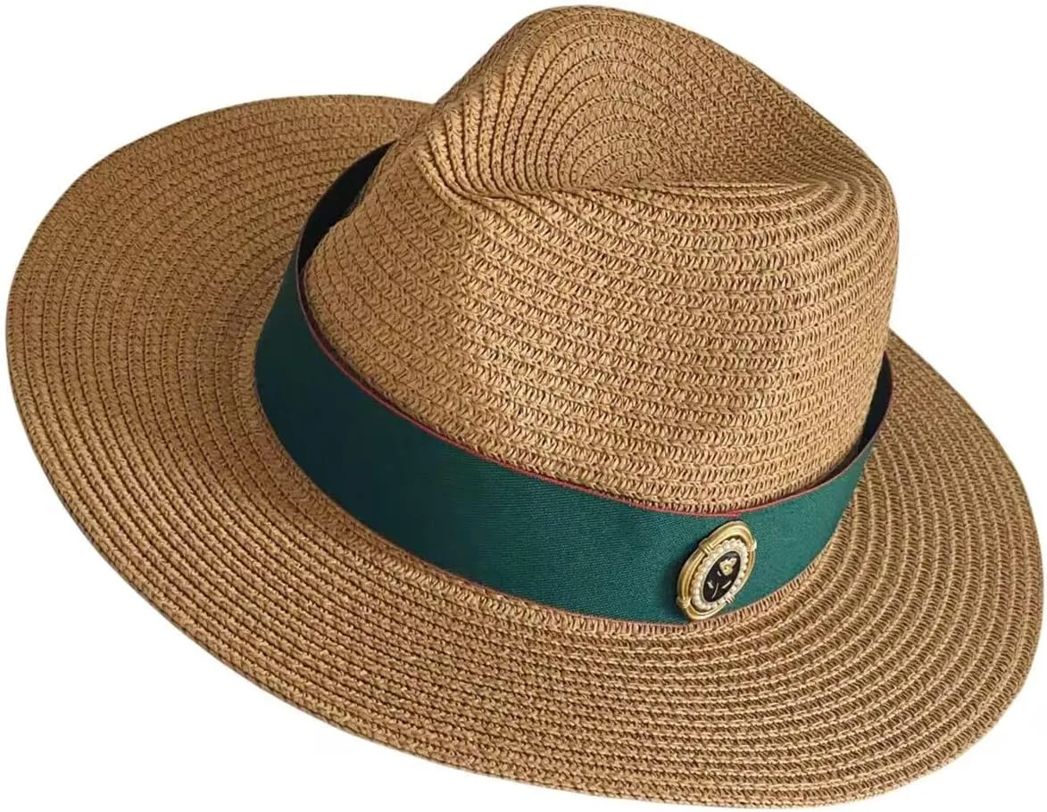 Women's Pillbox Fascinator ， Wide Brim Straw Panama Fedora Summer Beach Sun Hat UPF Straw Hat for Women 2025 Pink