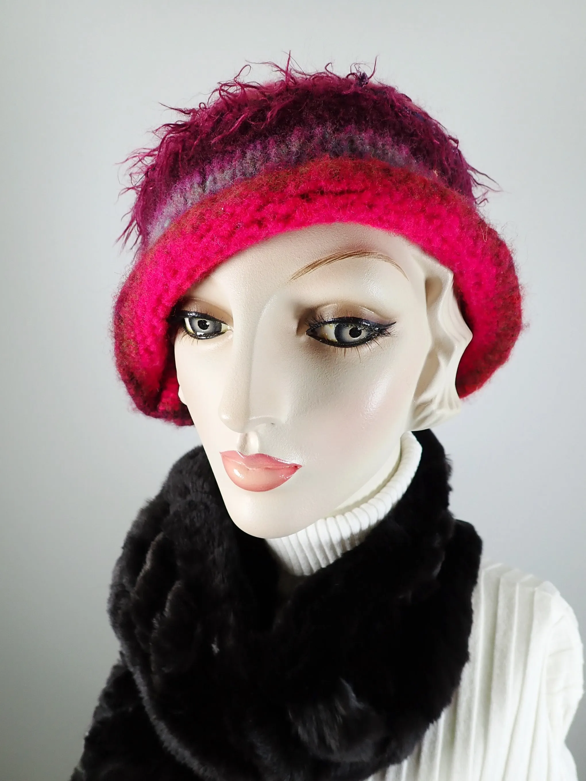 Womens pink and purple Boiled wool knit felt hat. Funky warm winter cloche hat. Gatsby flapper hat.