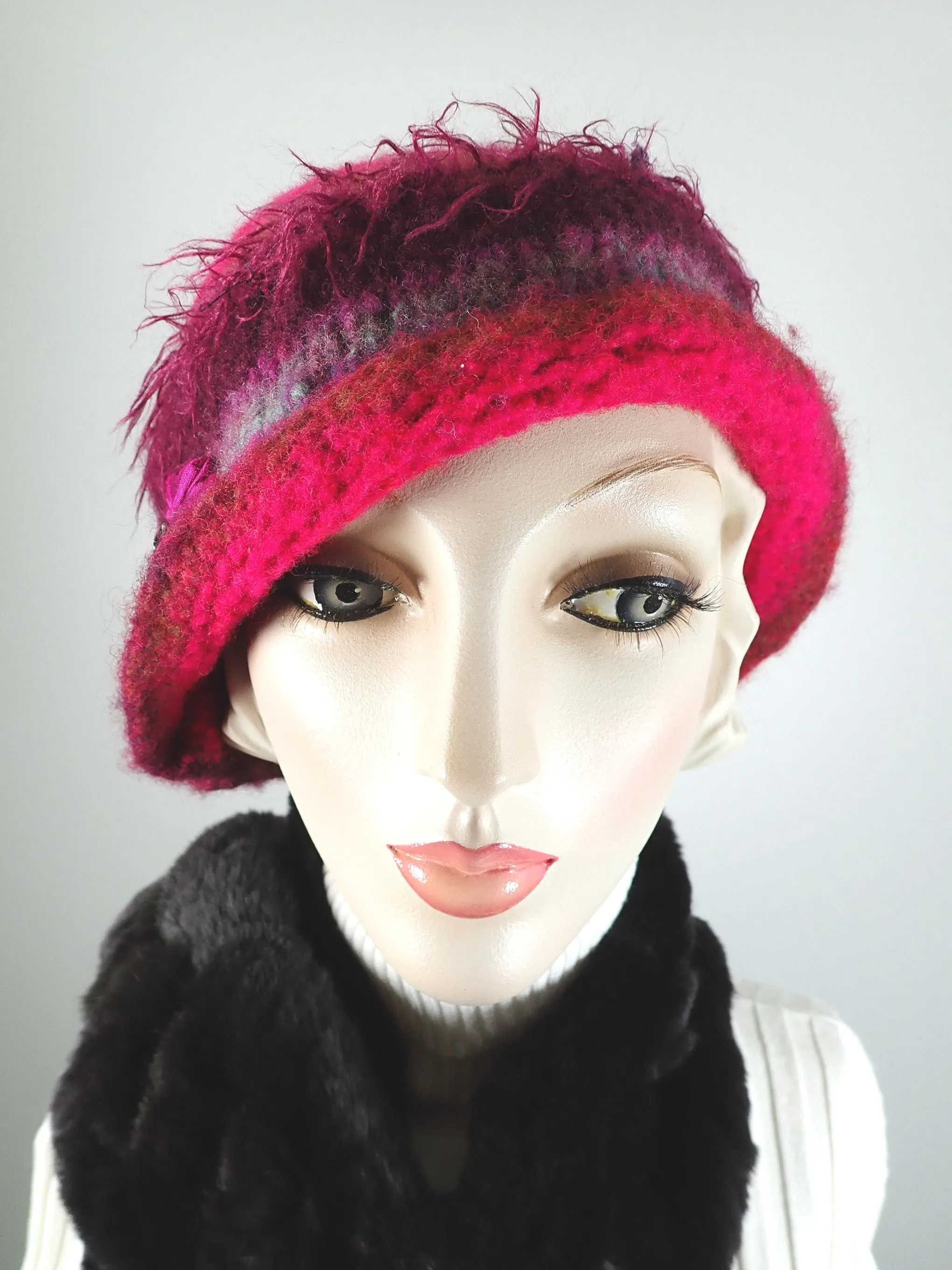 Womens pink and purple Boiled wool knit felt hat. Funky warm winter cloche hat. Gatsby flapper hat.