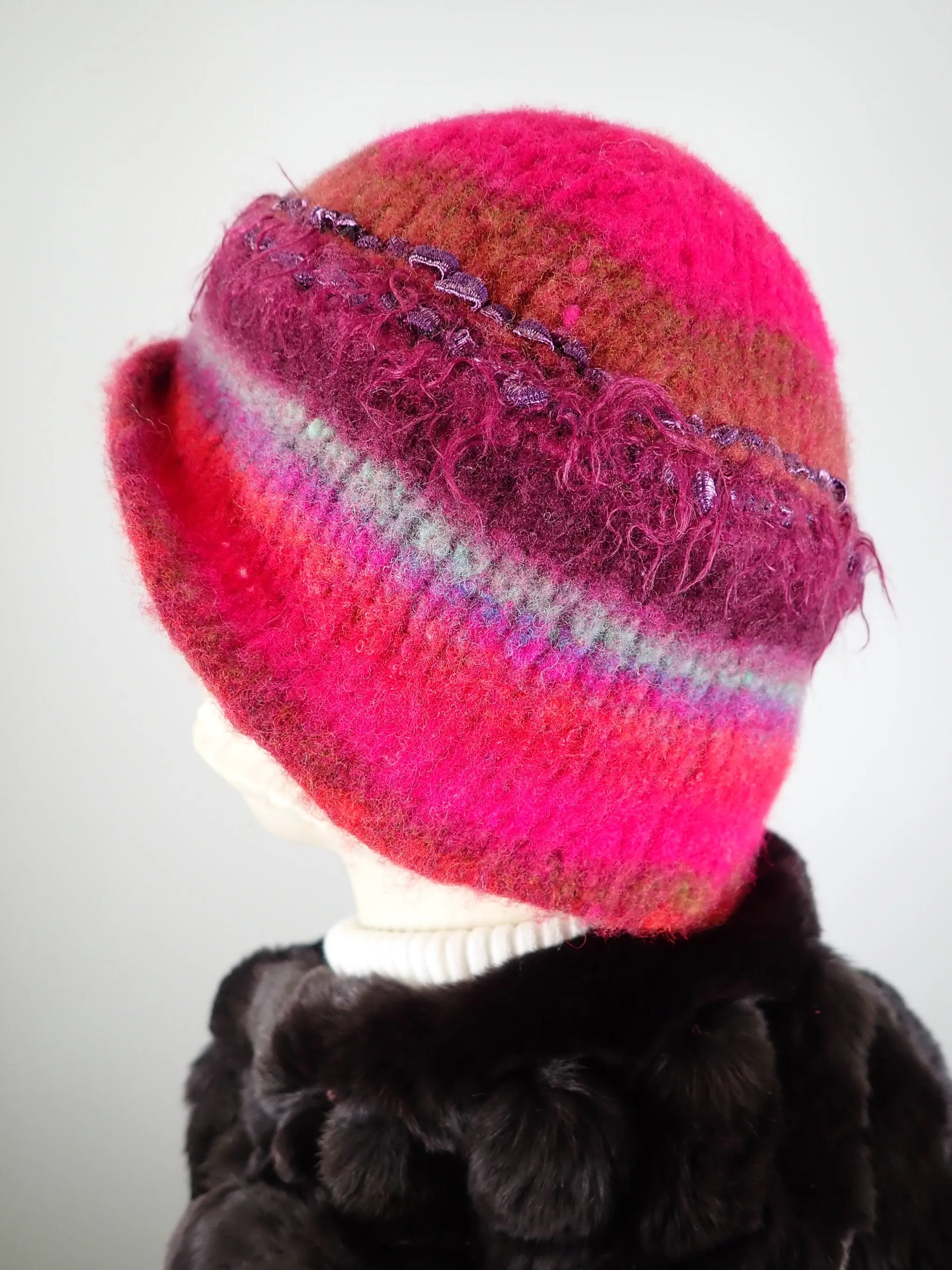 Womens pink and purple Boiled wool knit felt hat. Funky warm winter cloche hat. Gatsby flapper hat.