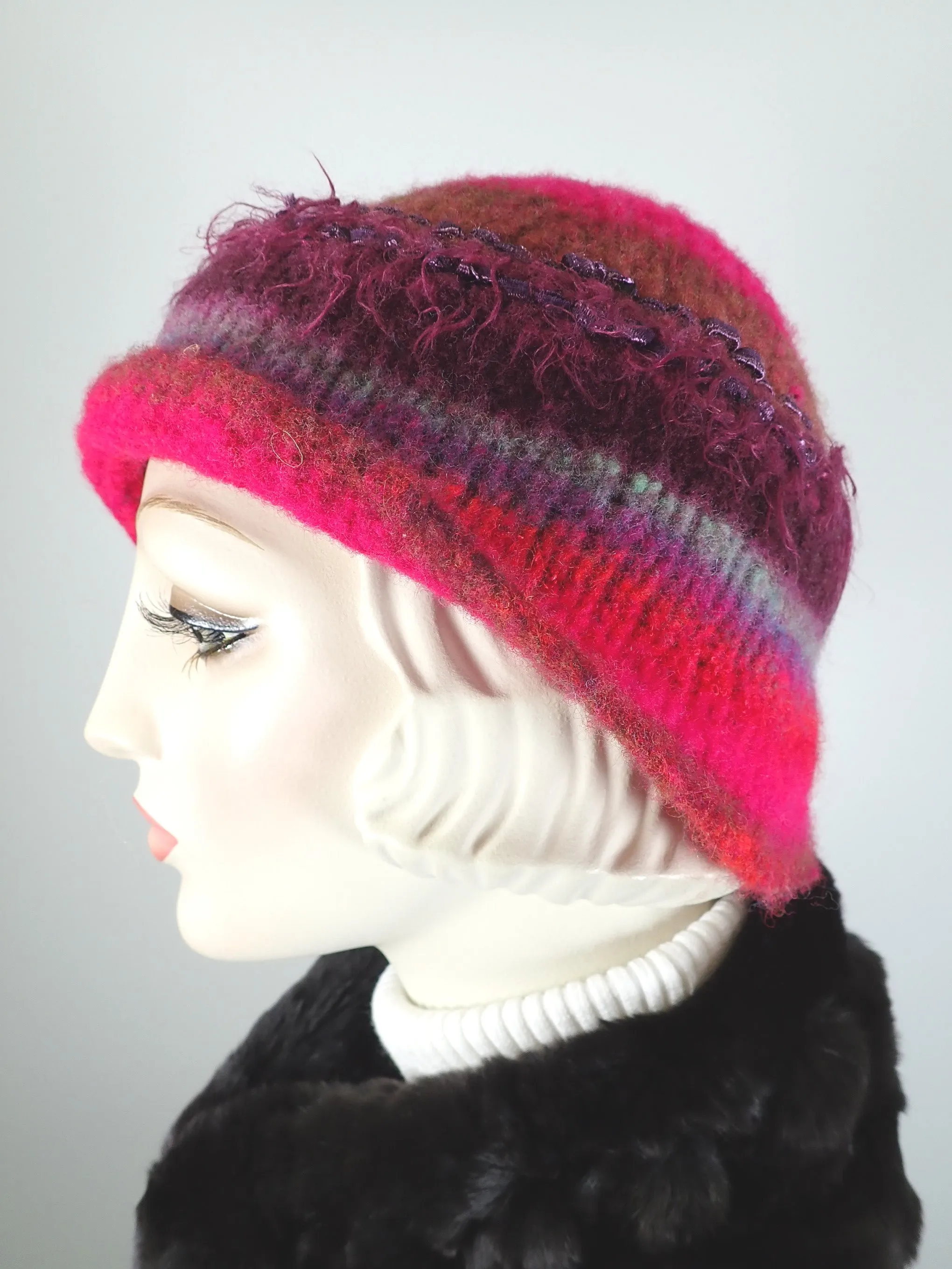 Womens pink and purple Boiled wool knit felt hat. Funky warm winter cloche hat. Gatsby flapper hat.