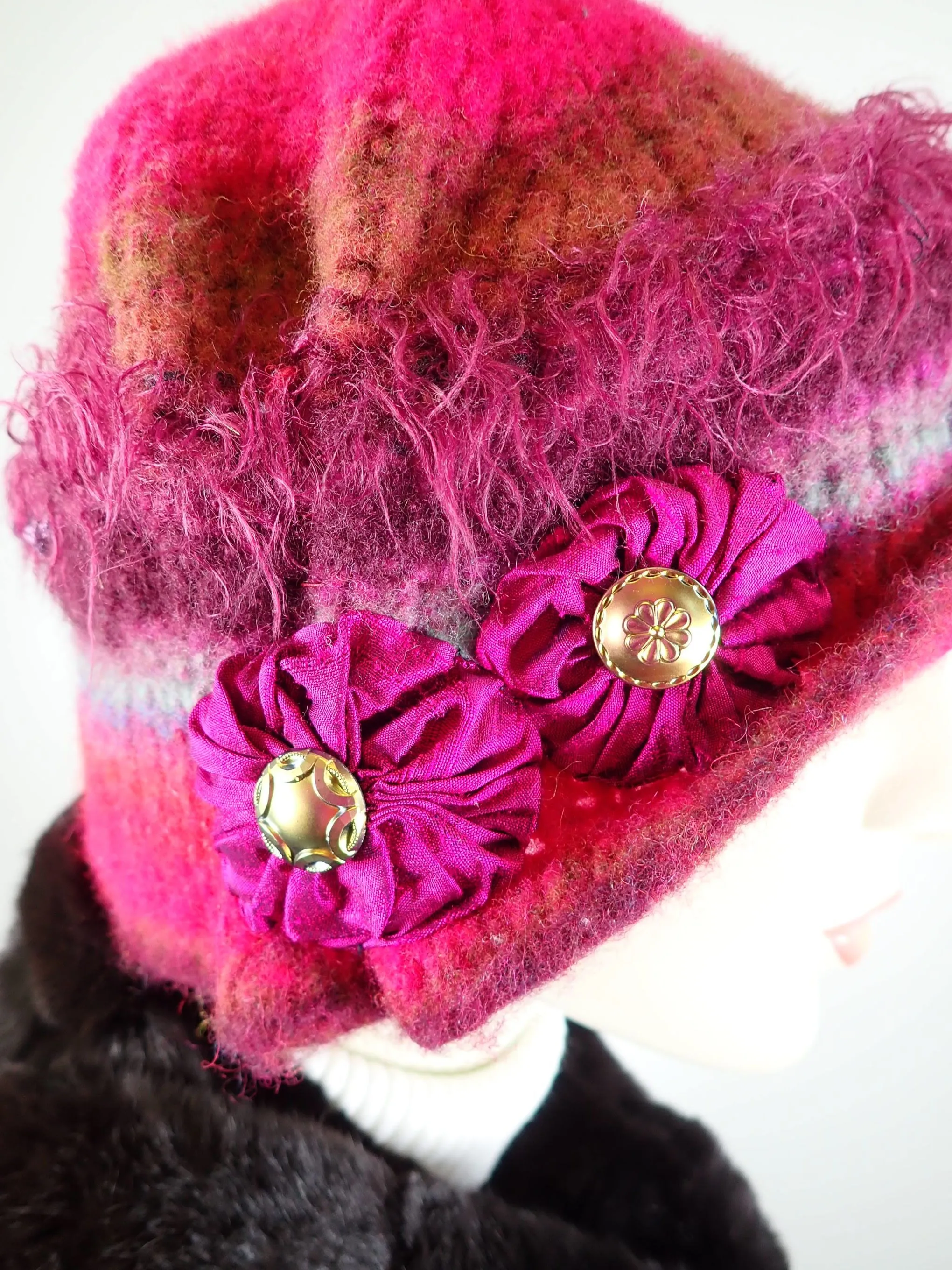 Womens pink and purple Boiled wool knit felt hat. Funky warm winter cloche hat. Gatsby flapper hat.