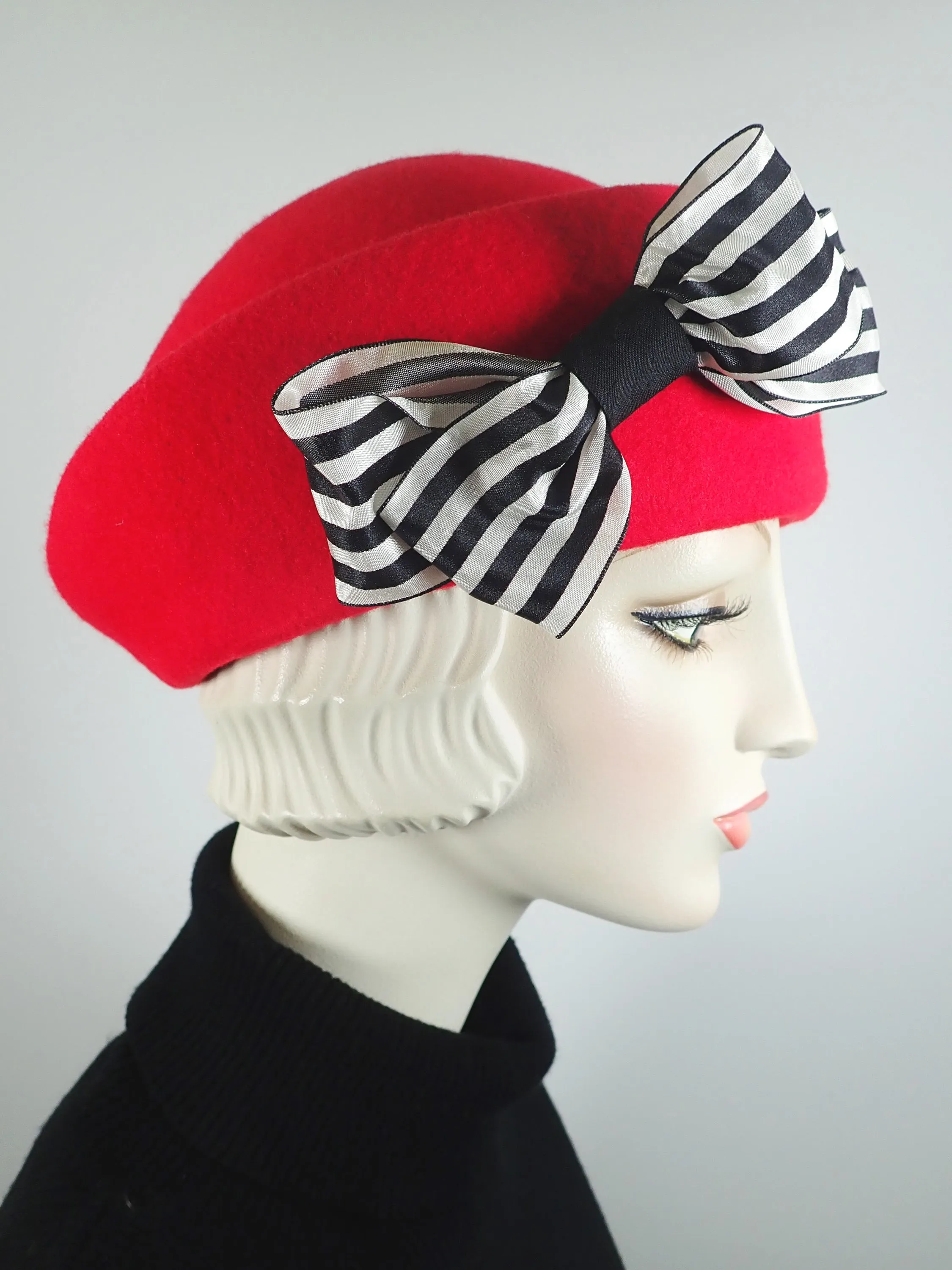 Womens Red Felted Wool Beret Hat. Structured Warm Winter Percher Hat. Classic Ladies Red Beret with Black and White Striped Bow.