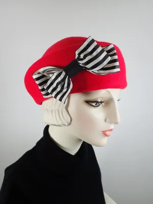 Womens Red Felted Wool Beret Hat. Structured Warm Winter Percher Hat. Classic Ladies Red Beret with Black and White Striped Bow.