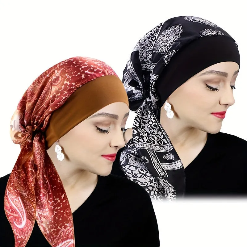 Women's Satin Printed Turban Caps - 2pcs