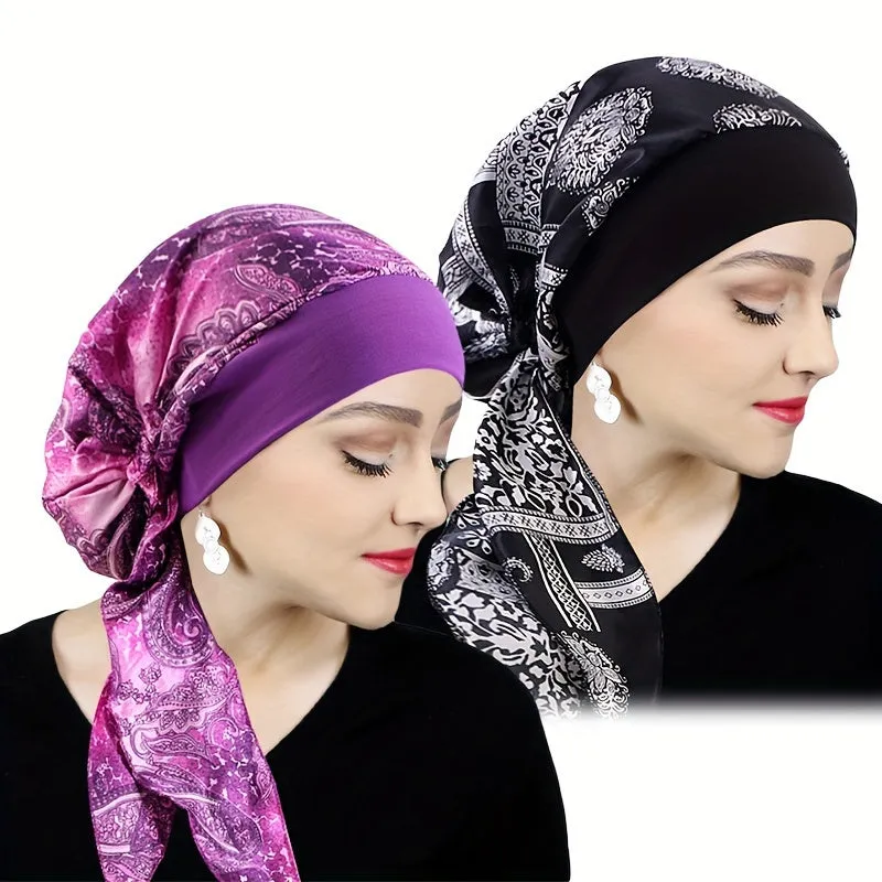 Women's Satin Printed Turban Caps - 2pcs