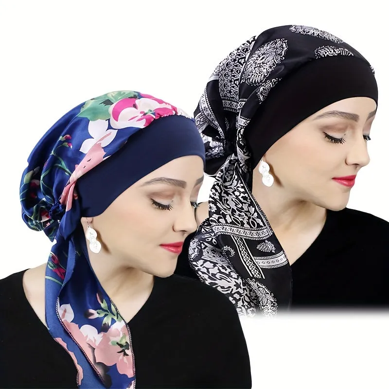Women's Satin Printed Turban Caps - 2pcs
