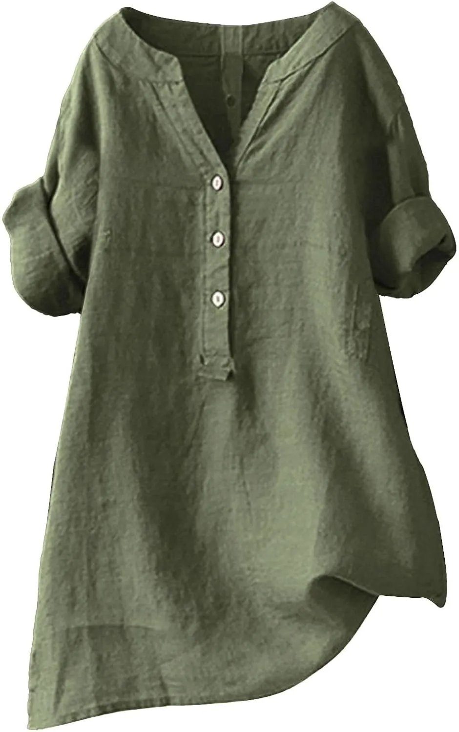 Women's Solid V-Neck Linen Shirts - Lightweight Summer Beach Top, Short Sleeve Boho Button Front Casual Blouse