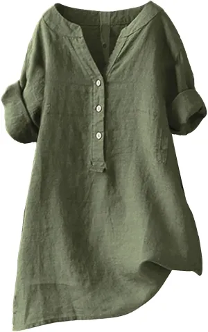 Women's Solid V-Neck Linen Shirts - Lightweight Summer Beach Top, Short Sleeve Boho Button Front Casual Blouse