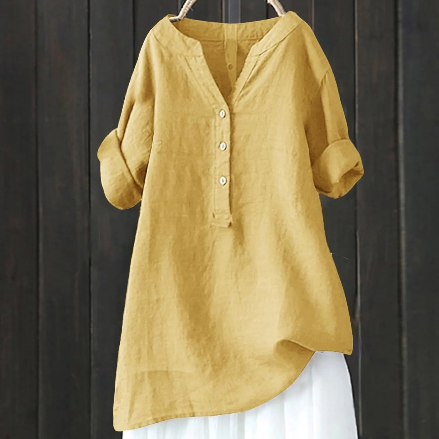 Women's Solid V-Neck Linen Shirts - Lightweight Summer Beach Top, Short Sleeve Boho Button Front Casual Blouse