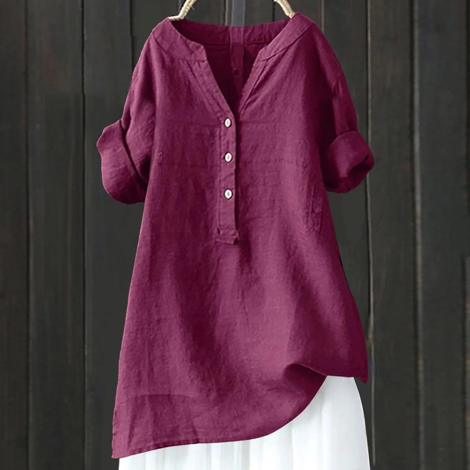 Women's Solid V-Neck Linen Shirts - Lightweight Summer Beach Top, Short Sleeve Boho Button Front Casual Blouse