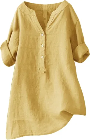 Women's Solid V-Neck Linen Shirts - Lightweight Summer Beach Top, Short Sleeve Boho Button Front Casual Blouse