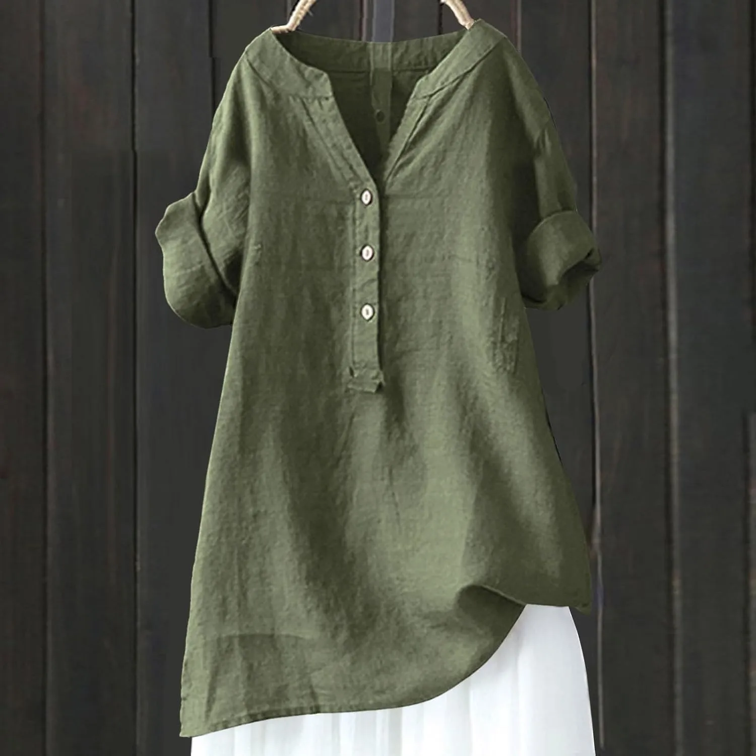 Women's Solid V-Neck Linen Shirts - Lightweight Summer Beach Top, Short Sleeve Boho Button Front Casual Blouse