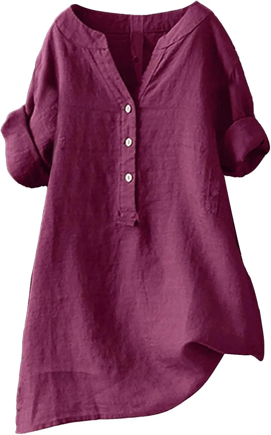 Women's Solid V-Neck Linen Shirts - Lightweight Summer Beach Top, Short Sleeve Boho Button Front Casual Blouse