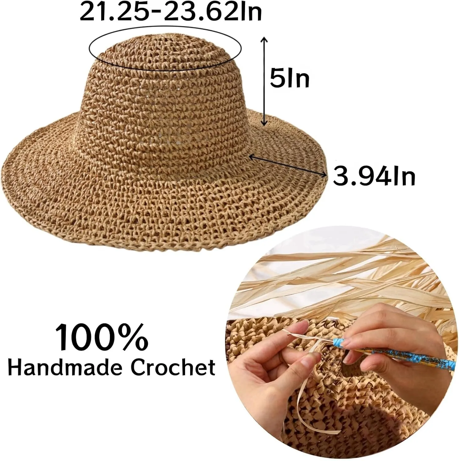 Womens Straw Beach Sun Hats, Foldable Packable Floppy Handmade Crochet Hats for Women,Large Summer Vacation Wide Brim Hat