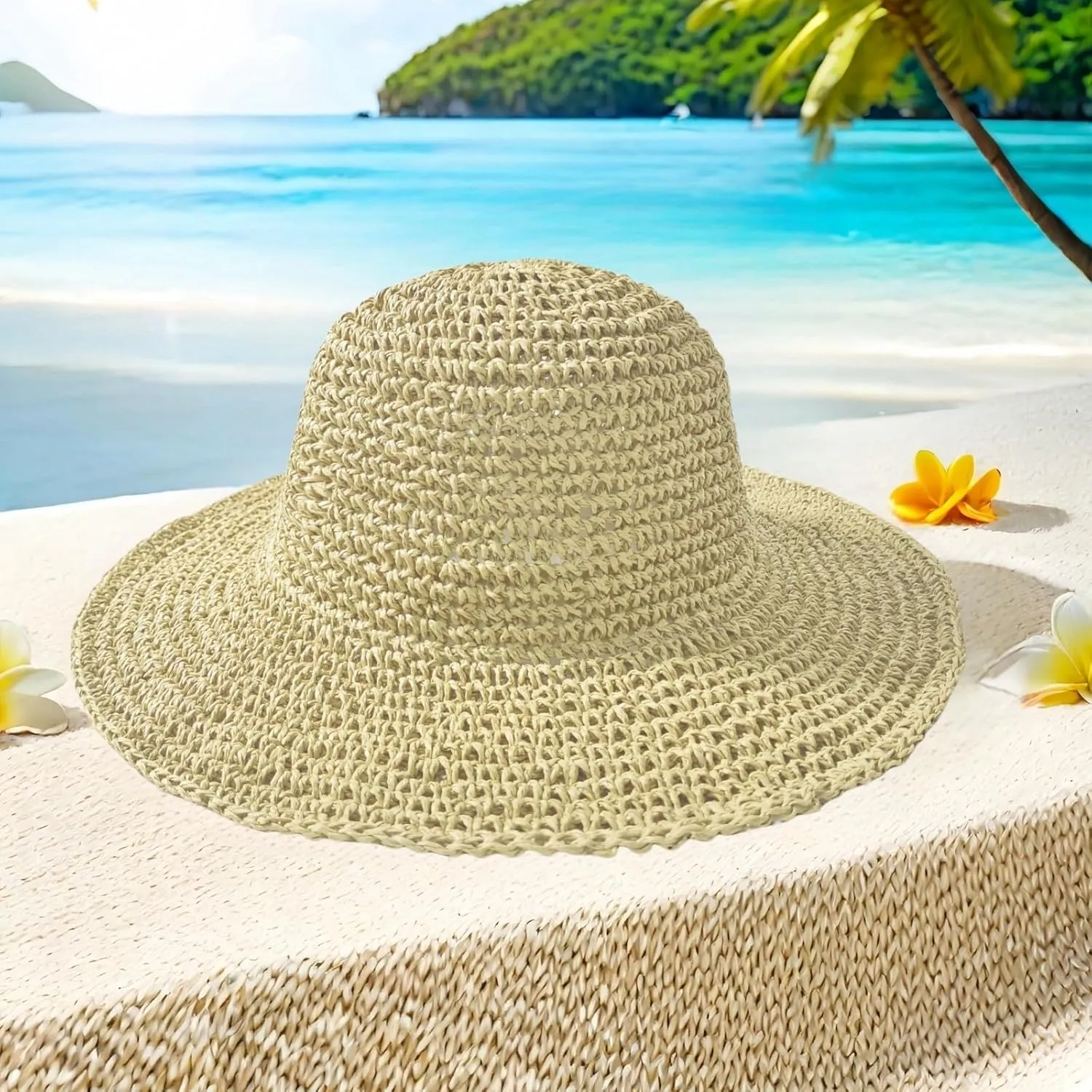 Womens Straw Beach Sun Hats, Foldable Packable Floppy Handmade Crochet Hats for Women,Large Summer Vacation Wide Brim Hat