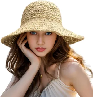 Womens Straw Beach Sun Hats, Foldable Packable Floppy Handmade Crochet Hats for Women,Large Summer Vacation Wide Brim Hat