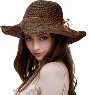Womens Straw Beach Sun Hats, Foldable Packable Floppy Handmade Crochet Hats for Women,Large Summer Vacation Wide Brim Hat