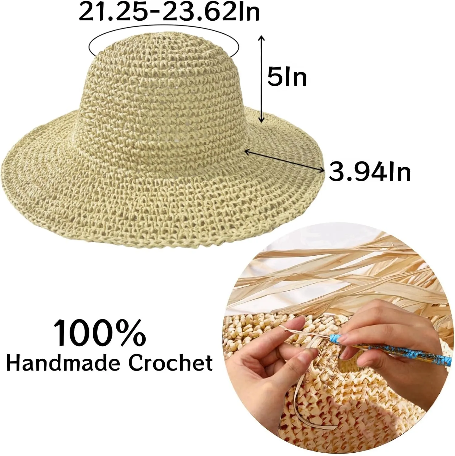 Womens Straw Beach Sun Hats, Foldable Packable Floppy Handmade Crochet Hats for Women,Large Summer Vacation Wide Brim Hat