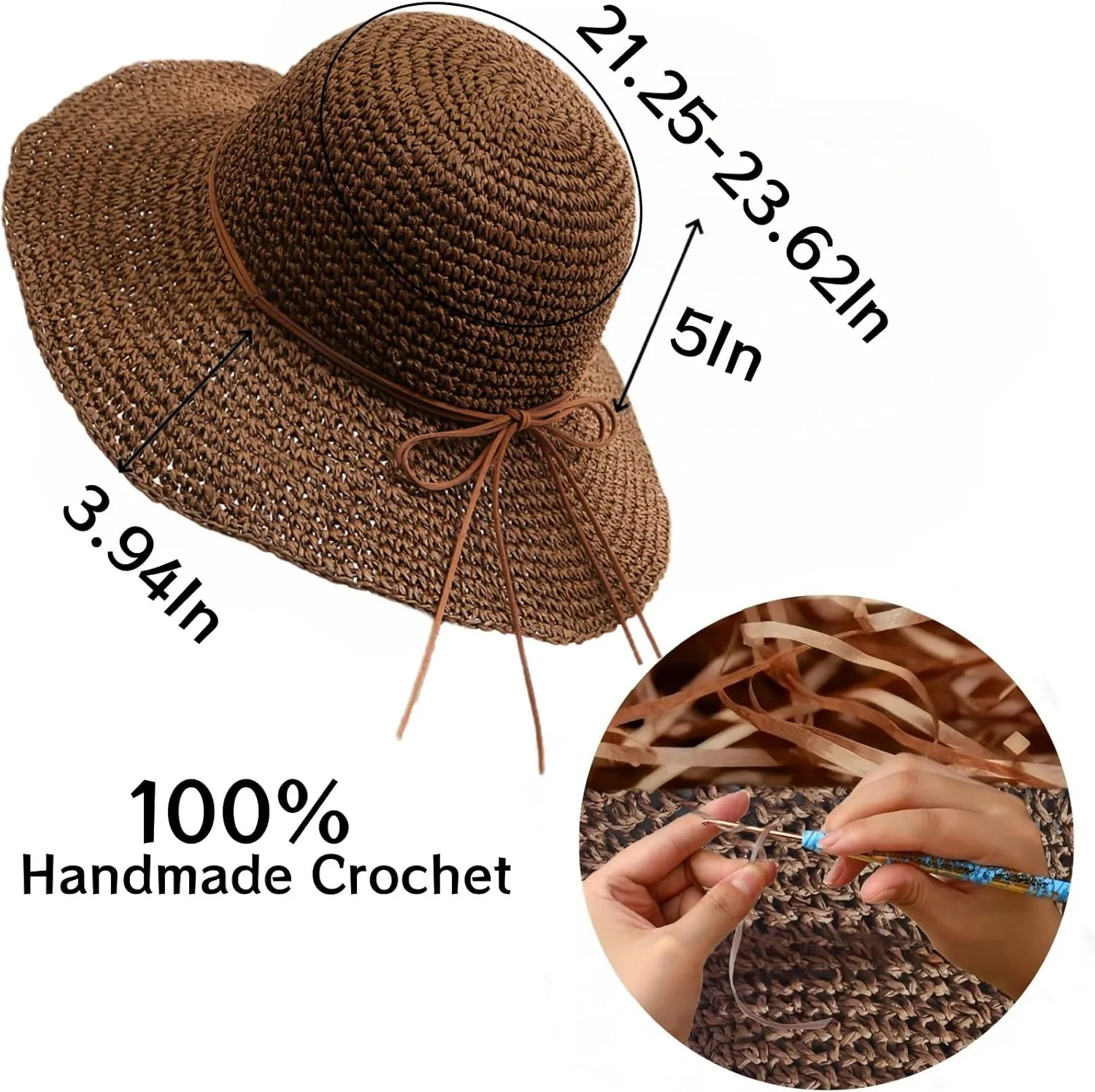 Womens Straw Beach Sun Hats, Foldable Packable Floppy Handmade Crochet Hats for Women,Large Summer Vacation Wide Brim Hat