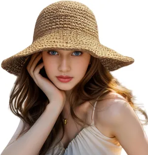 Womens Straw Beach Sun Hats, Foldable Packable Floppy Handmade Crochet Hats for Women,Large Summer Vacation Wide Brim Hat