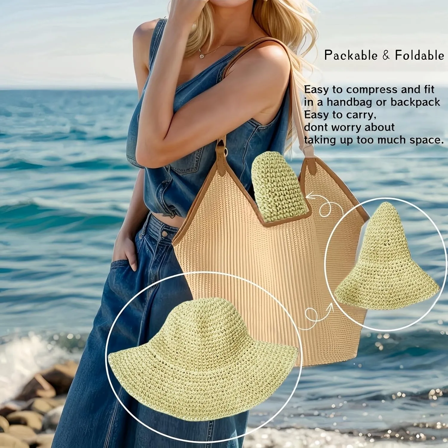 Womens Straw Beach Sun Hats, Foldable Packable Floppy Handmade Crochet Hats for Women,Large Summer Vacation Wide Brim Hat