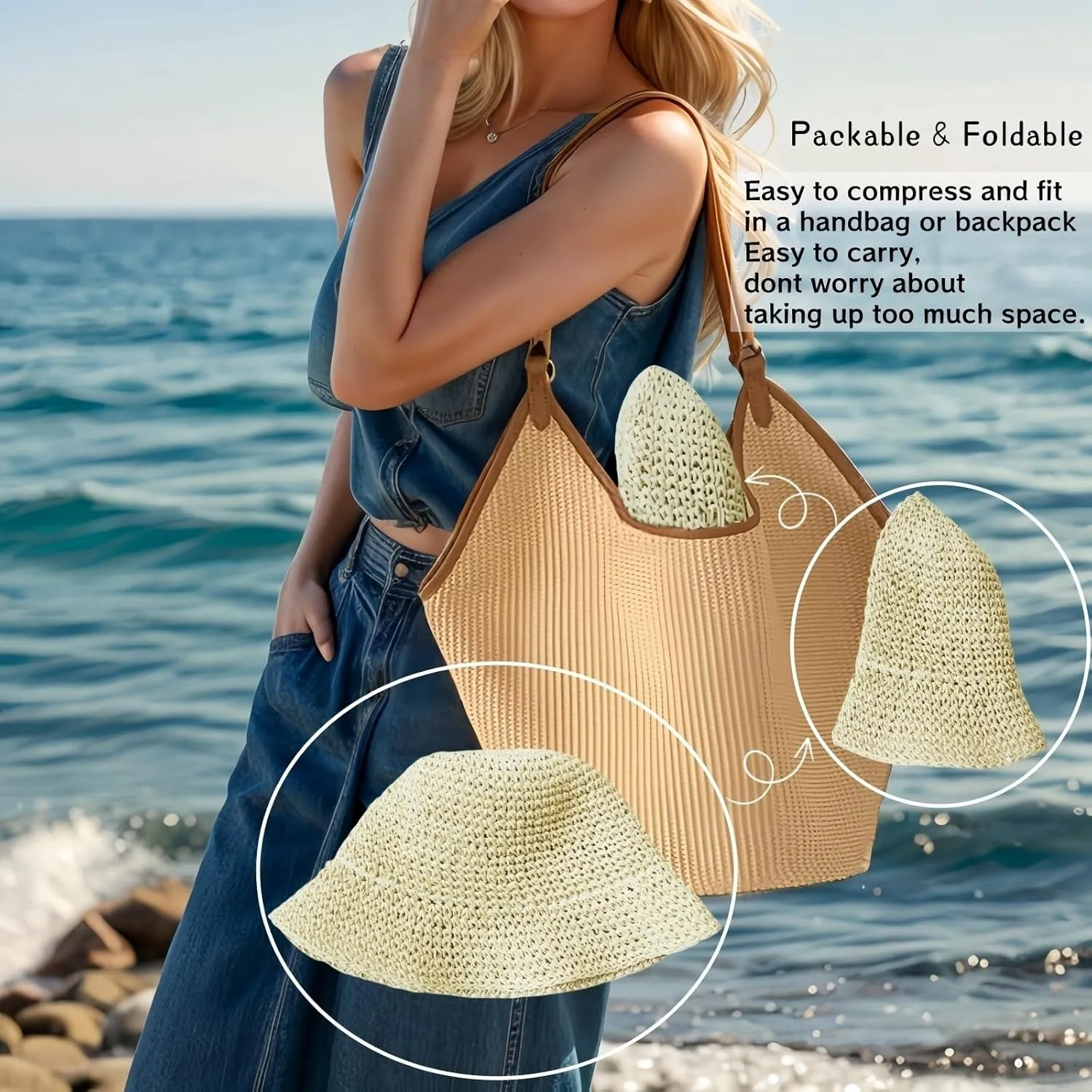 Womens Straw Beach Sun Hats, Foldable Packable Floppy Handmade Crochet Hats for Women,Large Summer Vacation Wide Brim Hat