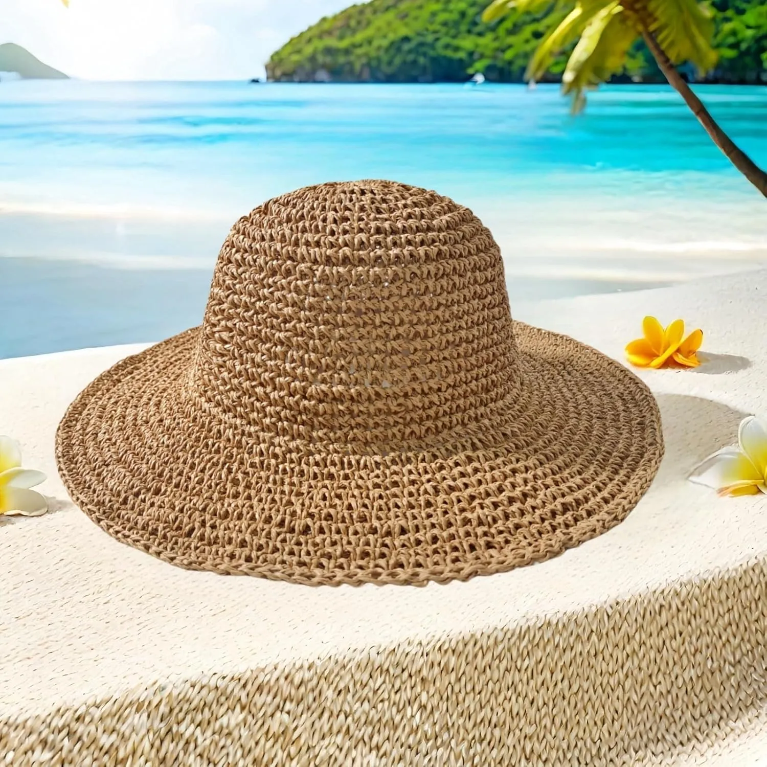 Womens Straw Beach Sun Hats, Foldable Packable Floppy Handmade Crochet Hats for Women,Large Summer Vacation Wide Brim Hat